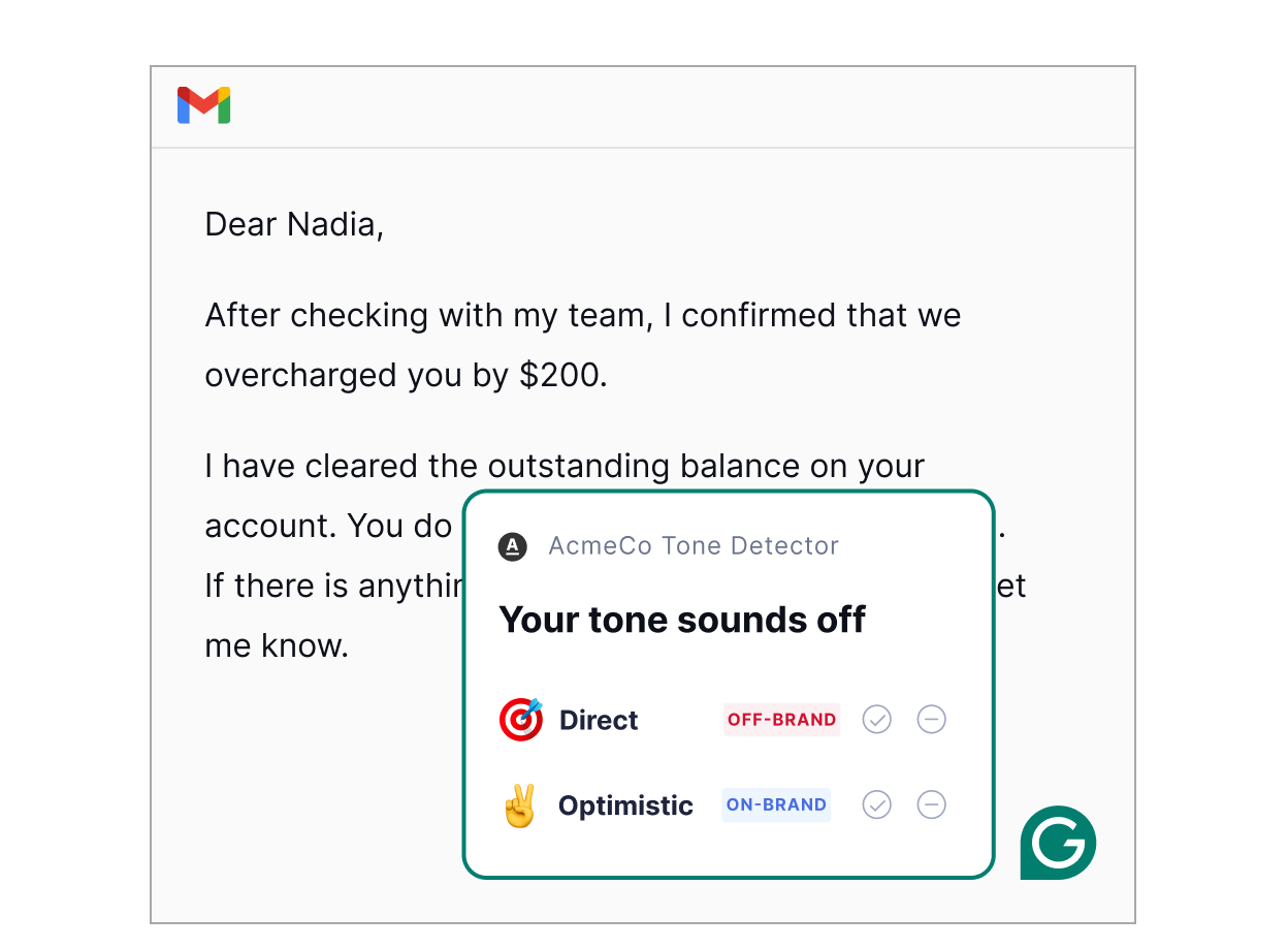 Grammarly gives tone suggestions in emails.